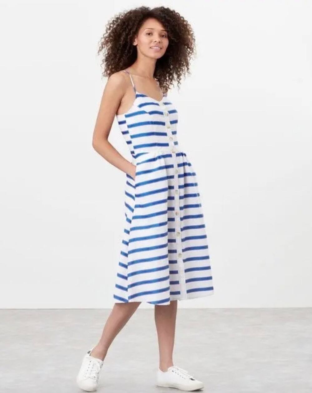 Joules Womens 8 Blue White Stripe Abby Linen Blend Midi Dress Coastal Casual